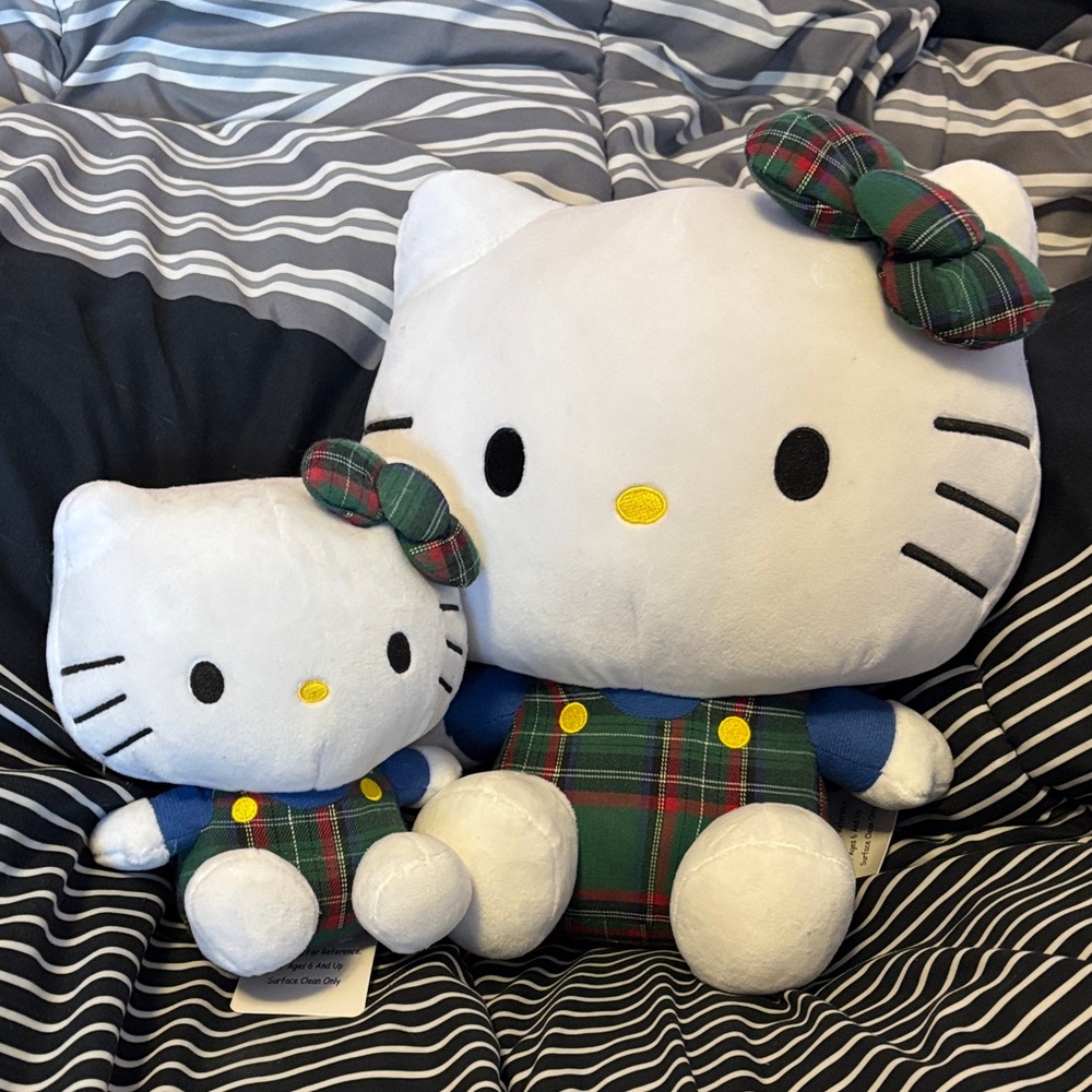 NWT Hello Kitty White Plush Duo with Green Plaid Outfits